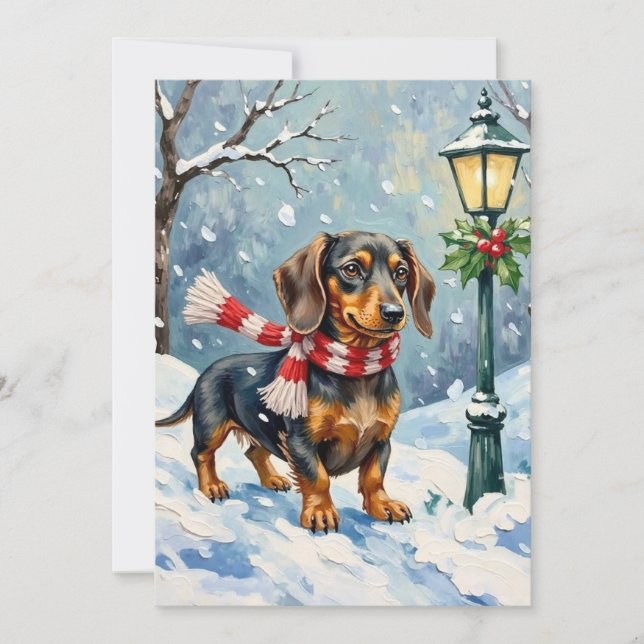 Cute Dachshund Puppy Cozy Winter Scarf Art Holiday Card (Front)
