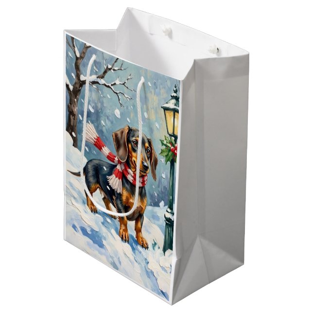 Cute Dachshund Puppy Cozy Winter Scarf Art Medium Gift Bag (Front Angled)