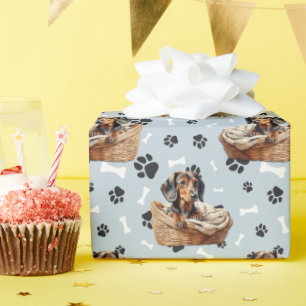 Cute Dachshund Puppy in Basket Paw Print  Wrapping Paper