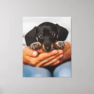 Cute Dachshund Puppy Lying On Human Knees Xmas Pos Canvas Print