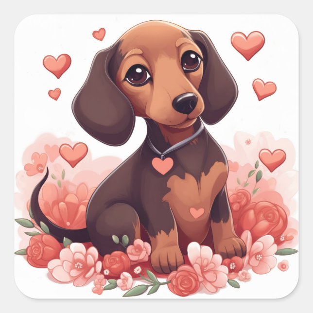 Cute Dachshund Puppy with Hearts Square Sticker (Front)