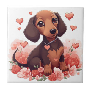 Cute Dachshund Puppy with Hearts Tile