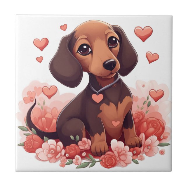 Cute Dachshund Puppy with Hearts Tile (Front)