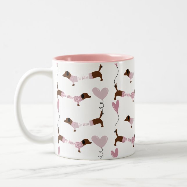 Cute Dachshund Wiener Dog Be Mine Valentines Coffe Two-Tone Coffee Mug (Left)