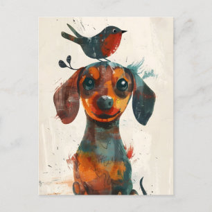 Cute Dachshund with a bird hand painted Postcard