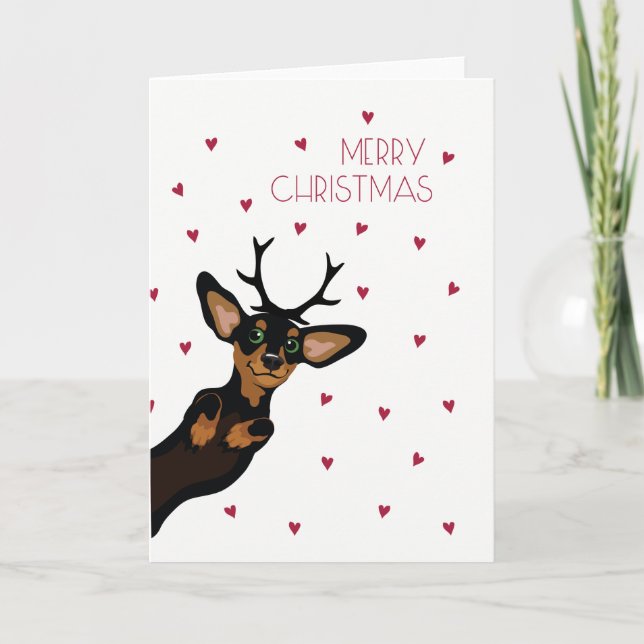 Cute Dachshund with antlers Merry Christmas Holiday Card (Front)