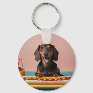 Cute Dachshund With Hot Dog Keychain