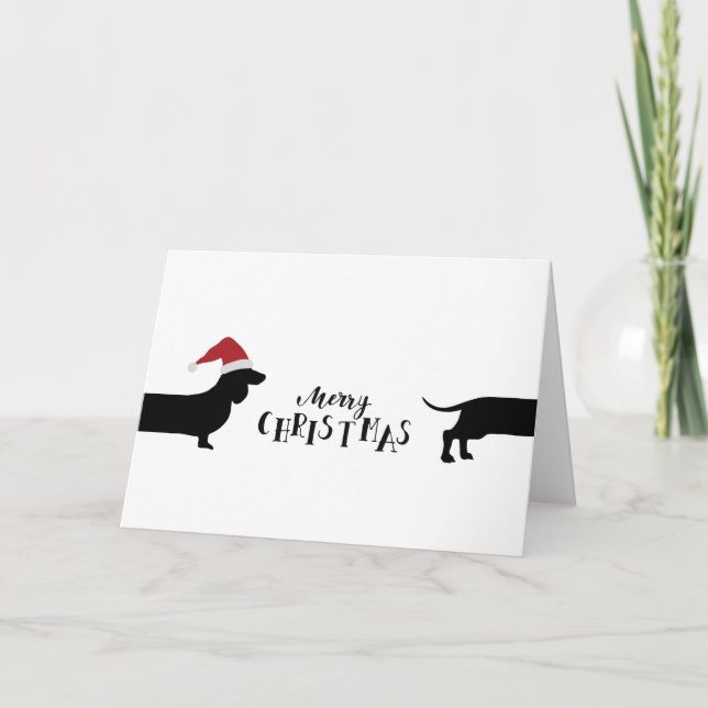 Cute dachshund with santa hat Merry Christmas Holiday Card (Front)