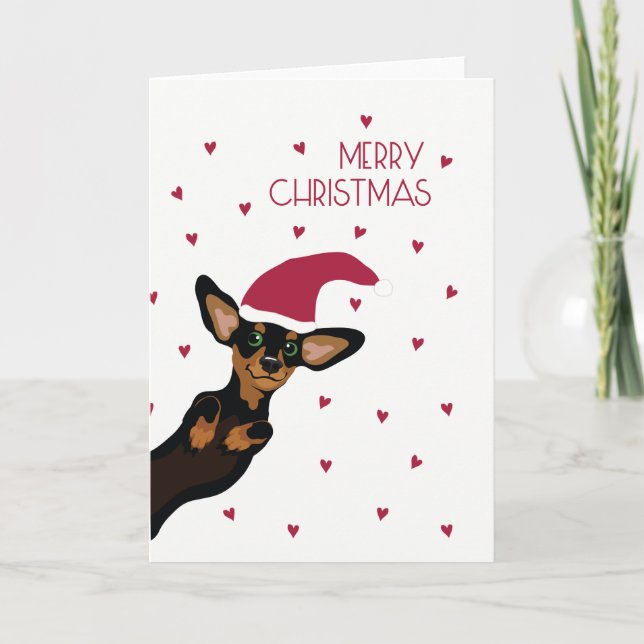 Cute Dachshund with Santa hat Merry Christmas Holiday Card (Front)