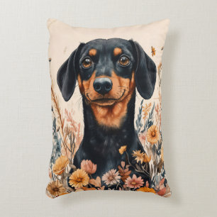 Cute Dachshund with Wildflowers Painting Accent Pillow