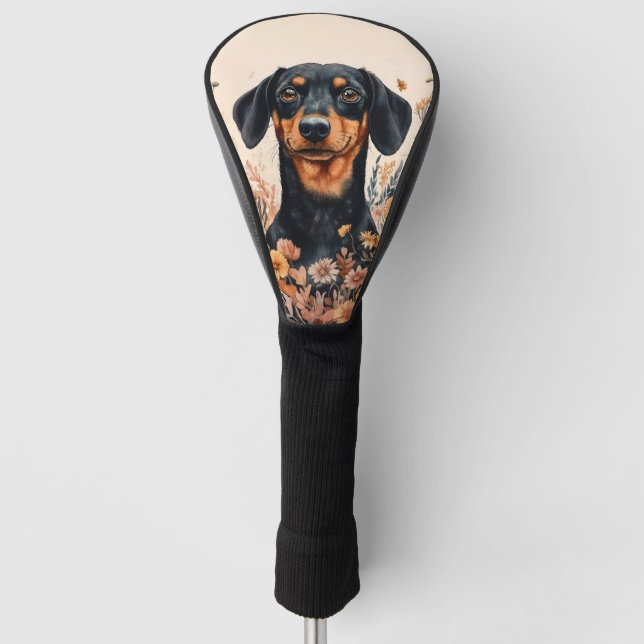 Cute Dachshund with Wildflowers Painting Golf Head Cover (Front)