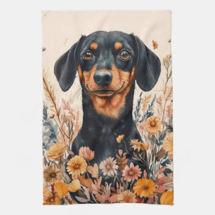 Cute Dachshund with Wildflowers Painting Kitchen Towel