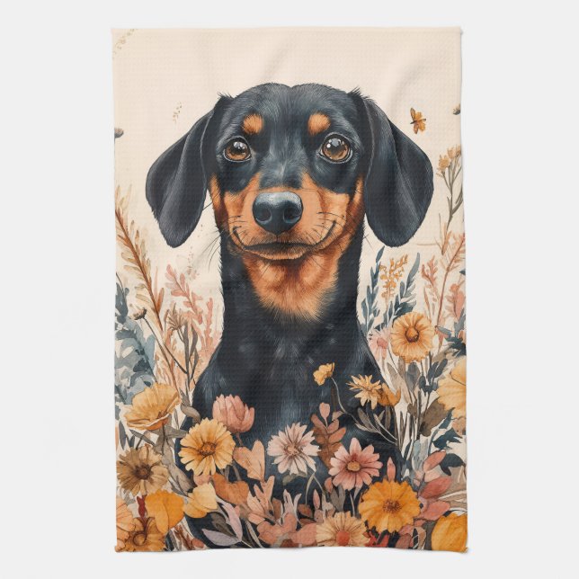 Cute Dachshund with Wildflowers Painting Kitchen Towel (Vertical)