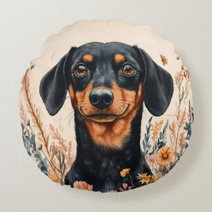 Cute Dachshund with Wildflowers Painting Round Pillow