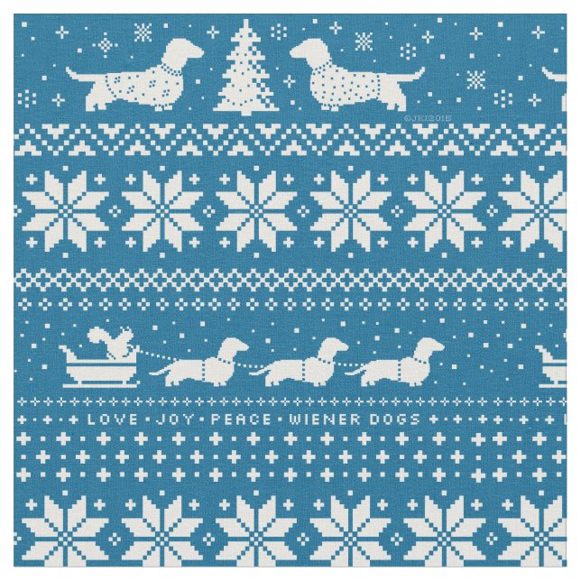 Cute Dachshunds Christmas Holiday Pattern Blue Fabric (Close Up)