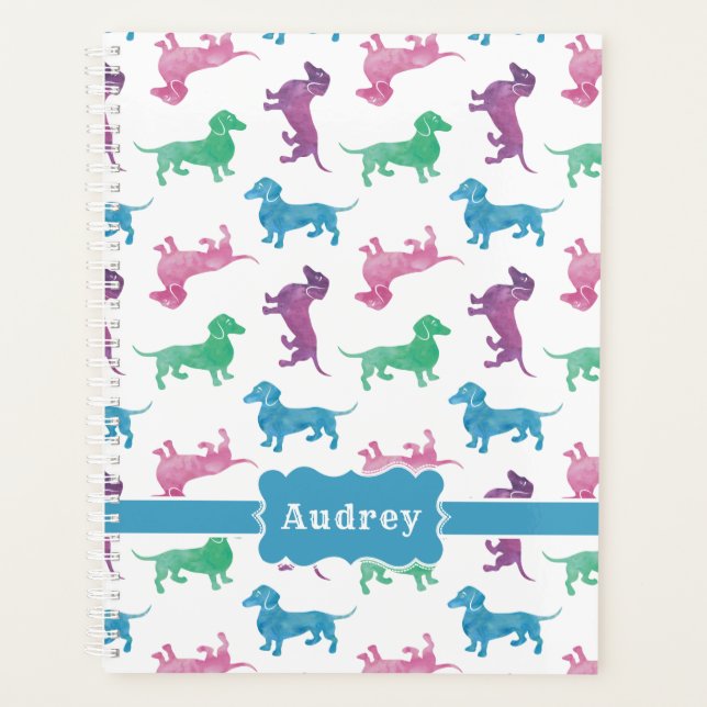 Cute Dachshunds Custom Name Pastel Colours Planner (Front)