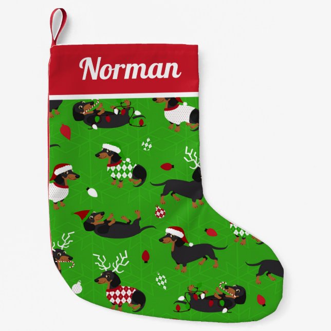 Cute Dachshunds Green Small Christmas Stocking (Front)