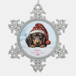 Cute Dachshunds Puppy Dog Santa Hat Pencil Art Paw Snowflake Pewter Christmas Ornament