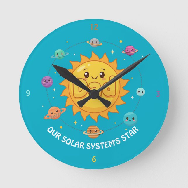 Cute Dad Solar System Star Space Cartoon Round Clock (Front)