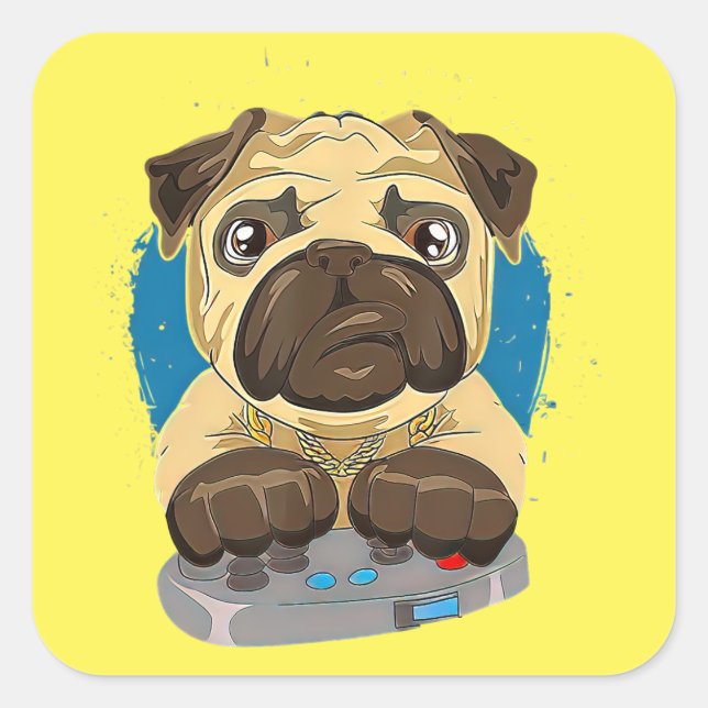Cute Daddy Pug Dog Playing Video Games Square Sticker (Front)