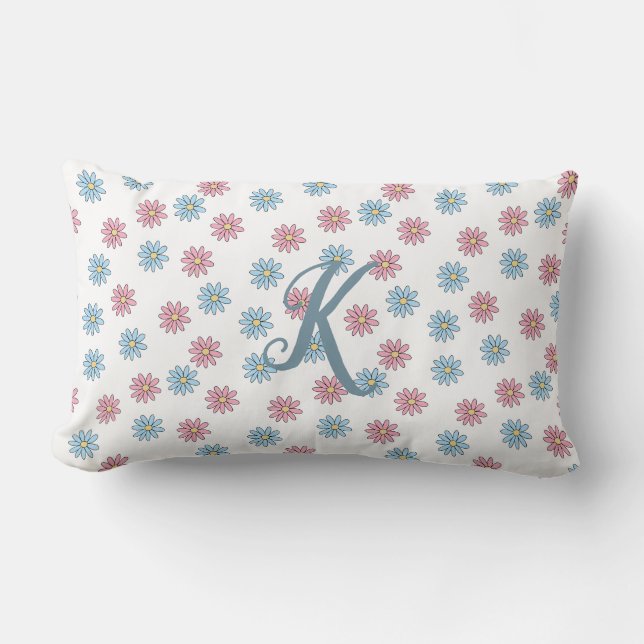 Cute Dainty Pink Blue Daisy Flower Floral Monogram Lumbar Pillow (Front)