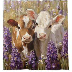 Cute Dairy Cow Calves Lupine Flowers