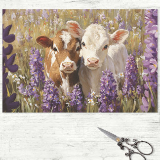 Cute Dairy Cow Calves Lupine Flowers Decoupage Tissue Paper