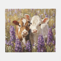 Cute Dairy Cow Calves Lupine Flowers