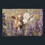 Cute Dairy Cow Calves Lupine Flowers Kitchen Towel<br><div class="desc">This charming artwork showcases adorable dairy cow calves standing amidst a vibrant field of blooming lupine flowers. The soft colours and rustic farm setting create a heartwarming and picturesque country scene.</div>