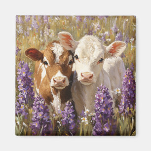 Cute Dairy Cow Calves Lupine Flowers Magnet