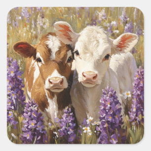 Cute Dairy Cow Calves Lupine Flowers Square Sticker