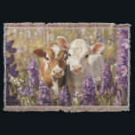 Cute Dairy Cow Calves Lupine Flowers Throw Blanket<br><div class="desc">This charming artwork showcases adorable dairy cow calves standing amidst a vibrant field of blooming lupine flowers. The soft colours and rustic farm setting create a heartwarming and picturesque country scene.</div>