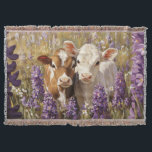 Cute Dairy Cow Calves Lupine Flowers Throw Blanket<br><div class="desc">This charming artwork showcases adorable dairy cow calves standing amidst a vibrant field of blooming lupine flowers. The soft colours and rustic farm setting create a heartwarming and picturesque country scene.</div>