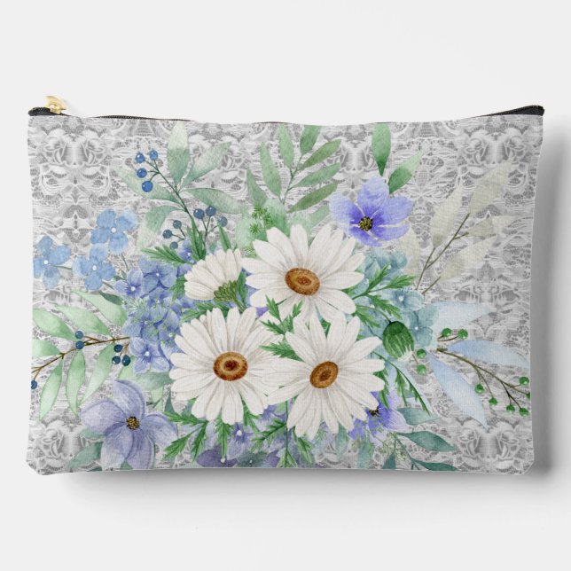 Cute Daisies & Blue Floral Cosmetic Pouch (Front)