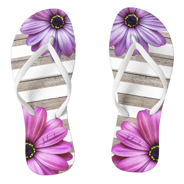 Cute Daisies Wood White Stripes Add Name Flip Flops (Footbed)