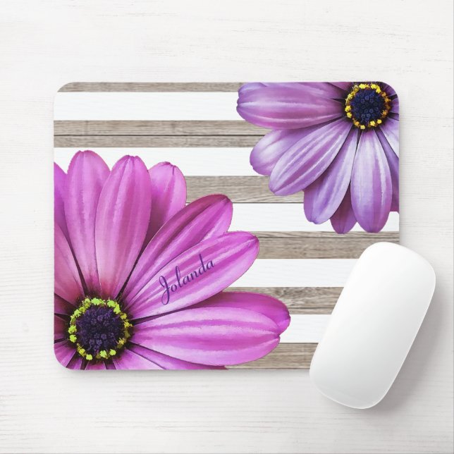 Cute Daisies Wood White Stripes Add Name Mouse Pad (With Mouse)