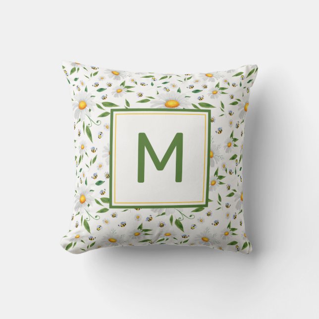Cute Daisy and Bee Monogram Floral Pattern Throw Pillow (Front)