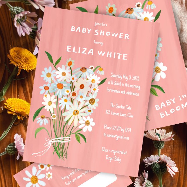 Cute Daisy Bouquet Handpainted Custom Baby Shower  Invitation (Cute Daisy Bouquet Handpainted Custom Baby Shower Invitation Pink Girl Baby in Bloom Cute)