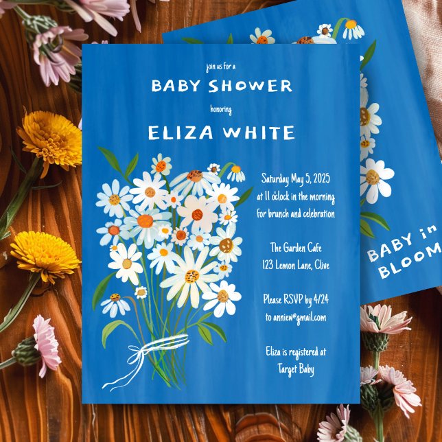 Cute Daisy Bouquet Handpainted Custom Baby Shower  Invitation (Cute Daisy Bouquet Handpainted Custom Baby Shower Invitation Blue Boy Gouache Art )