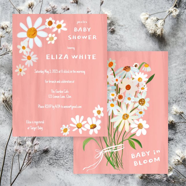 Cute Daisy Bouquet Handpainted Custom Baby Shower  Invitation (Cute Daisy Bouquet Handpainted Custom Baby Shower Invitation Pink
)