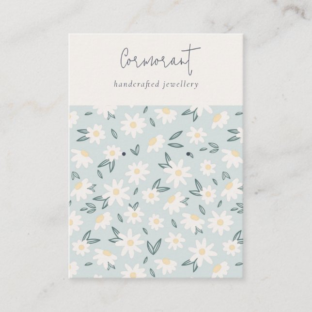 Cute Daisy Floral Aqua Blue Script Earring Holder Business Card (Front)