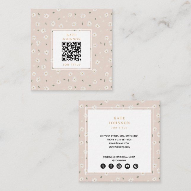 Cute Daisy Floral Blossoms & Greenery Florist Square Business Card (Front/Back)