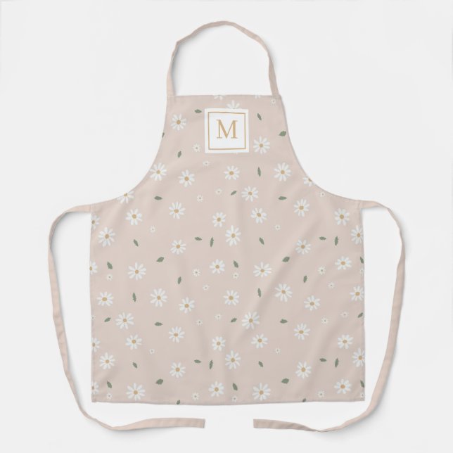 Cute Daisy Floral Blossoms & Greenery Monogram Apron (Front)