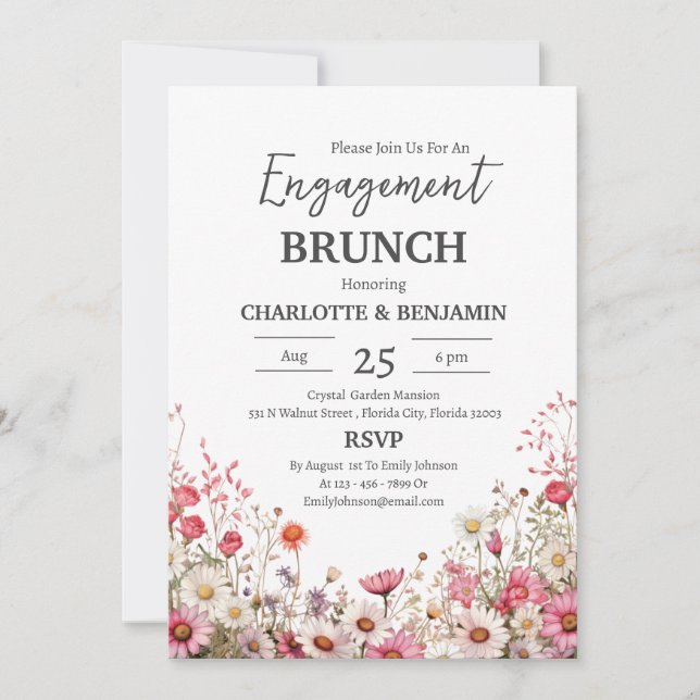 Cute Daisy Floral Engagement Brunch Party Invitation (Front)