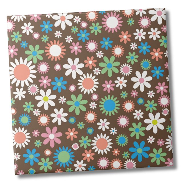 Cute Daisy Floral Pattern Tile (Cute Groovy Brown Blue Green Retro Daisy Floral ceramic tile)