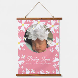 Cute Daisy Florals Border Photo Baby Announcement  Hanging Tapestry