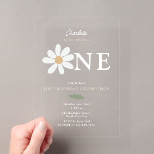 Cute Daisy Flower 1st Birthday Girl Pink Acrylic Invitations