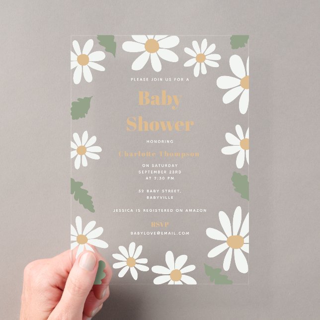 Cute Daisy Flower Baby Shower Girl Pink Acrylic Invitations (Insitu (Handheld))