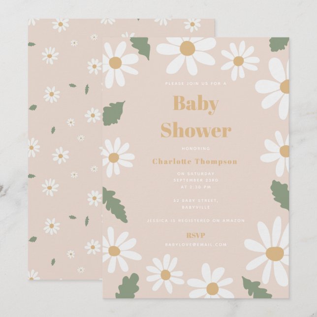 Cute Daisy Flower Baby Shower Girl Pink Invitation (Front/Back)