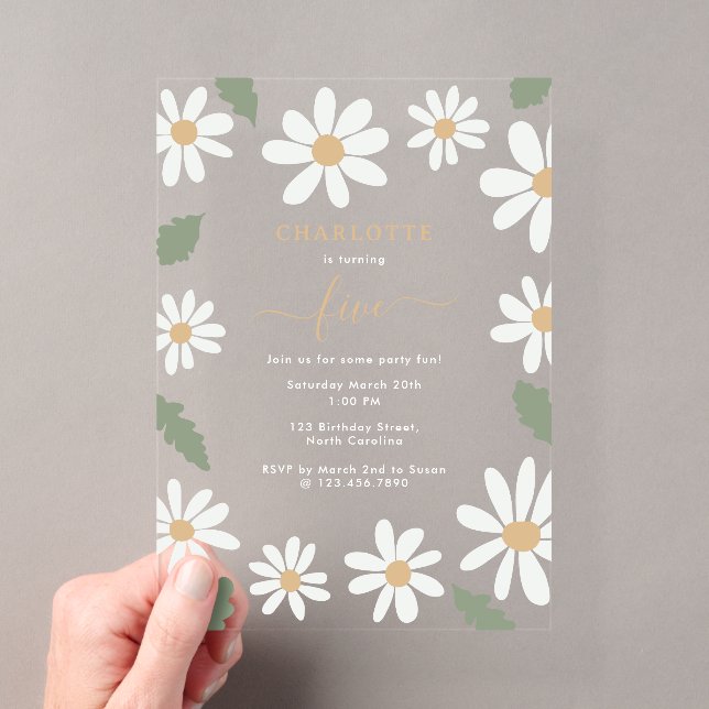 Cute Daisy Flower Birthday Party Girl Pink Acrylic Invitations (Insitu (Handheld))
